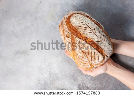 Sourdough bread. Freshly baked organic wheat bread. Child holding fresh round bread. Selective focus, copy space