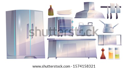 Kitchen restaurant appliances and furniture set. Table, oven, range hood, refrigerator metal utensil isolated on white background. Equipment for cooking, clip art elements. Cartoon vector illustration