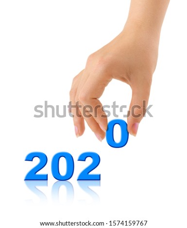 Numbers 2020 and hand isolated on white background