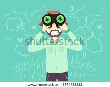 Illustration of a Man Using Binoculars for Bird Watching with a Silhouette of a Bird on the Lens