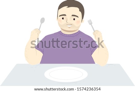 Illustration of a Fat Man Holding Spoon and Fork and Ready to Eat with an Empty Plate on the Table
