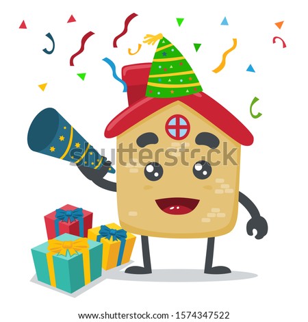 vector illustration of cute house mascot celebrating happy new year, on white background 