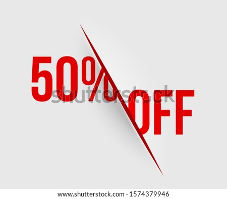 Cut paper. 50 percent off. Half prices Realistic cut with a office knife on paper sheet. Claws animal scratches. Vector incision. Royalty-Free Stock Photo #1574379946