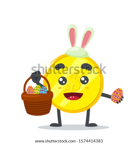 vector illustration of cute coin mascot celebrating Easter, with a basket of eggs, on white background