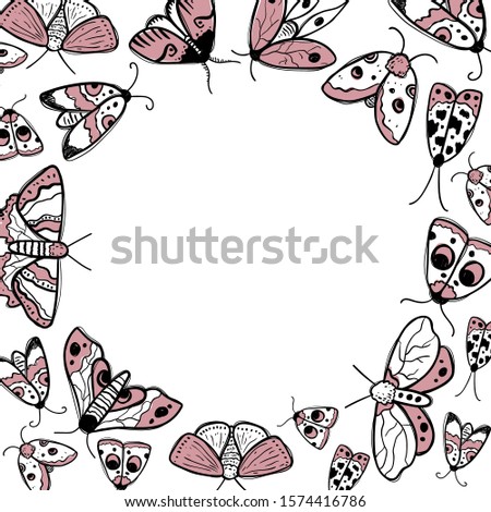 Vector hand-drawn frame with moths and butterflies. Vector template for greeting card, banner, print with butterflies with place for text. Vector ink doodle illustration of flying insects.