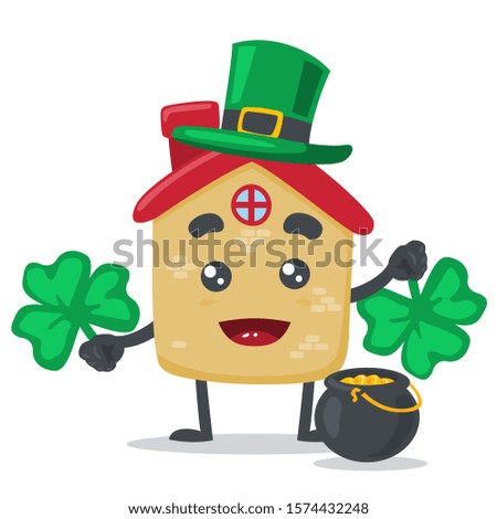 vector illustration of cute house mascot wearing shamrock hat, on white background 