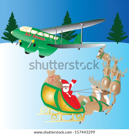Santa Claus in his reindeer drawn sleigh travelling towards his vintage private plane with a snow background,suitable for cards or gift wrap