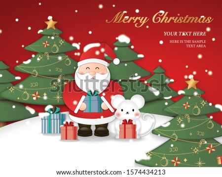 Relief paper art of Santa Claus and cute mouse holding present gifts with Christmas tree background. Merry Christmas and happy new year vector clip illustration.