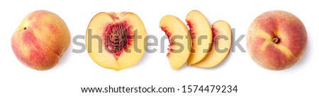 Fresh ripe whole, half and sliced peach isolated on white background, top view Royalty-Free Stock Photo #1574479234