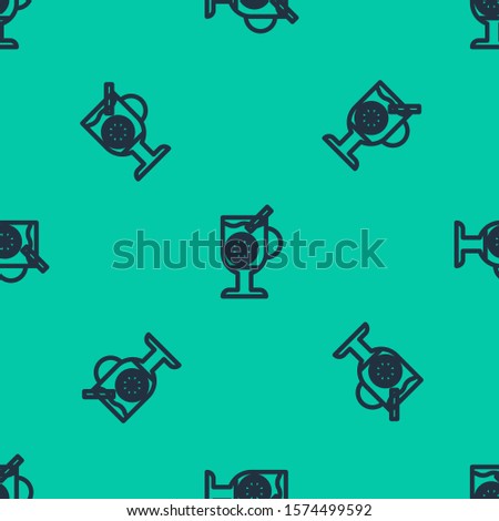 Blue line Mulled wine with glass of drink and ingredients icon isolated seamless pattern on green background. Cinnamon stick, clove, lemon slice.  Vector Illustration