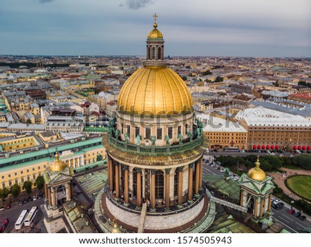 Saint Isaac's Cathedral shot on autumn day in St. Petersburg. Aerial drone view of Saint Petersburg, Russia.