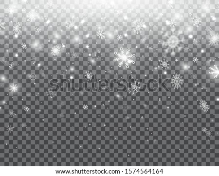 Realistic falling snowflakes isolated on transparent background. Winter background with snow. White snowflakes flying in the air. Magic snowfall texture. Christmas design. Vector illustration.
