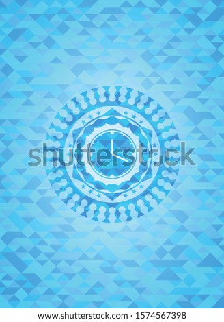 clock, time icon inside realistic sky blue emblem. Mosaic background