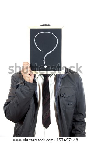 Businessman with a chalkboard question mark 
