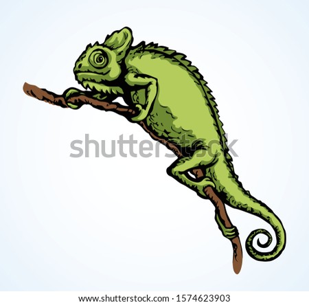 Big old domestic chamaeleon Lacertilia pattern tail on white paper text space. Bright green color hand drawn zoo claw disguise logo pictogram emblem design. Retro art doodle print style. Close up view