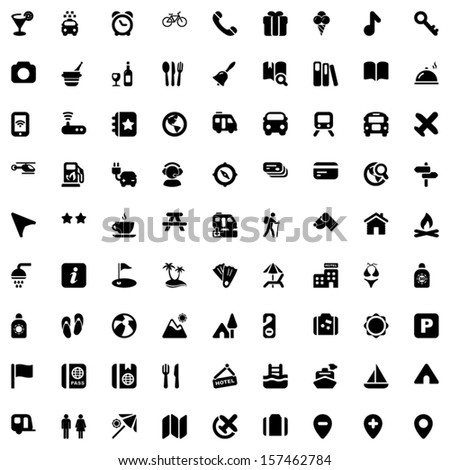 icons set for travel, vacation and hotels. black color