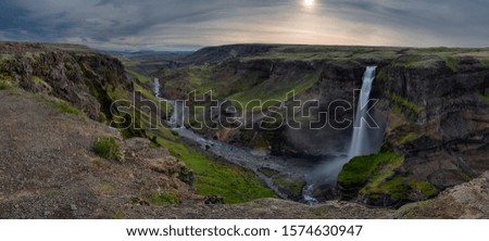 Iceland, panorama view over the valley with the haifoss waterfall during a summer day.