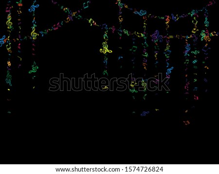 Colored flying musical notes isolated on black backdrop. Fresh musical notation symphony signs, notes for sound and tune music. Vector symbols for melody recording, print design or back layers.