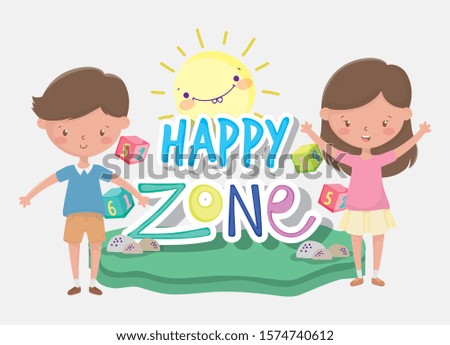 kids zone, happy little boy and girl numbers blocks cartoon sun vector illustration