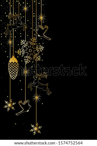 Christmas banner with a gold garland on a black background. Vector graphics.