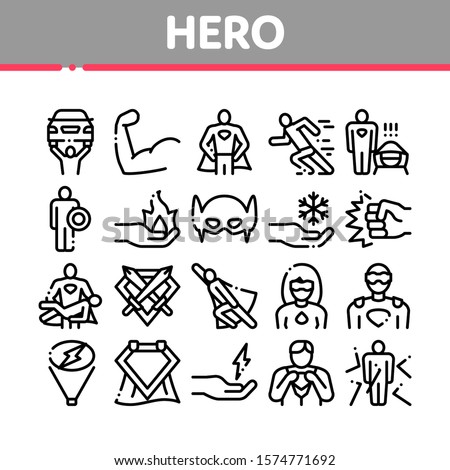 Super Hero Collection Elements Icons Set Vector Thin Line. Hero Superman Silhouette And Woman, Face Mask And Muscle Power Concept Linear Pictograms. Monochrome Contour Illustrations