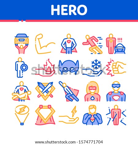 Super Hero Collection Elements Icons Set Vector Thin Line. Hero Superman Silhouette And Woman, Face Mask And Muscle Power Concept Linear Pictograms. Color Contour Illustrations