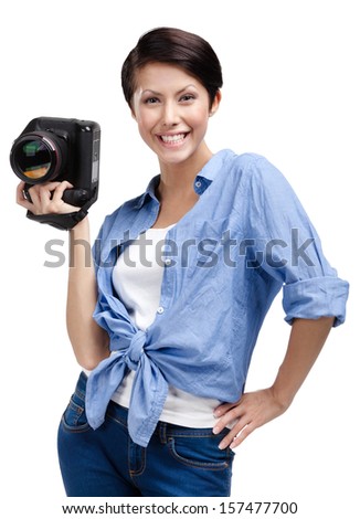 Woman-photographer takes snaps, isolated on white background