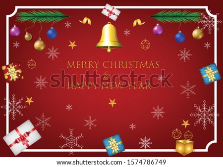 gift box beautiful decorated with Christmas decorations and trees.
Snowy Christmas on a red background on the holiday season near New Year 2020.