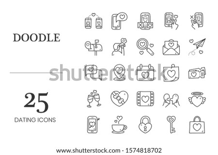 Valentines Day Related Vector Doodle Icons. Contains such Dating App, Love Message, Heart Shaped Box and more.