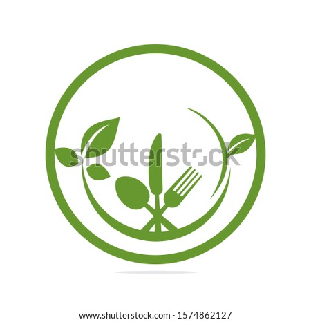 Healthy food logo template vector. organic food logo design with spoons, forks and green leaves.	