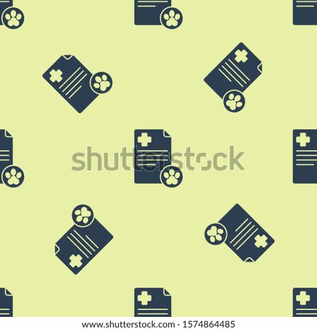 Blue Clipboard with medical clinical record pet icon isolated seamless pattern on yellow background. Health insurance form. Medical check marks report.  Vector Illustration