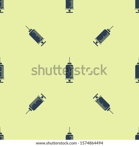 Blue Syringe with pet vaccine icon isolated seamless pattern on yellow background. Dog or cat paw print.  Vector Illustration