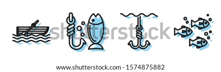 Set line Fishing hook under water, Fishing boat with oars on water, Fishing and Fish icon. Vector