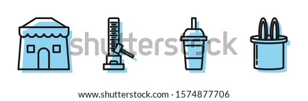 Set line Paper glass with drinking straw and water, Circus tent, High striker attraction with big hammer and Magician hat and rabbit ears icon. Vector Royalty-Free Stock Photo #1574877706