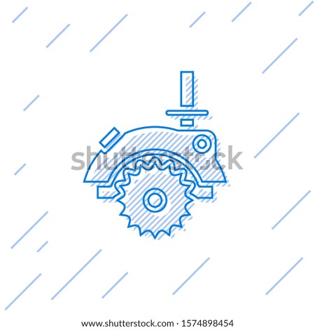 Blue line Electric circular saw with steel toothed disc icon isolated on white background. Electric hand tool for cutting wood or metal.  Vector Illustration