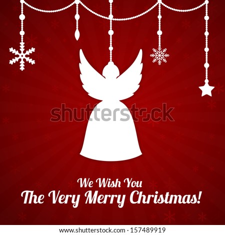 Red Christmas card with angel and beads