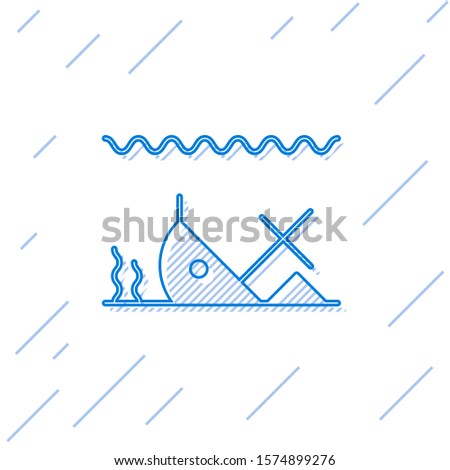 Blue line Sunken ship at the bottom of the sea icon isolated on white background.  Vector Illustration