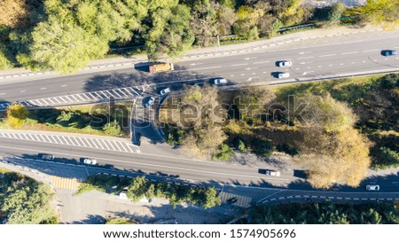 aerial view from above. Transport interchange. Road traffic on the highway.