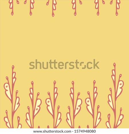 Flower pattern. Background mustard color with red stems of an unusual plant. Flowers are located above and below. In the center there is a place for text and inscriptions.