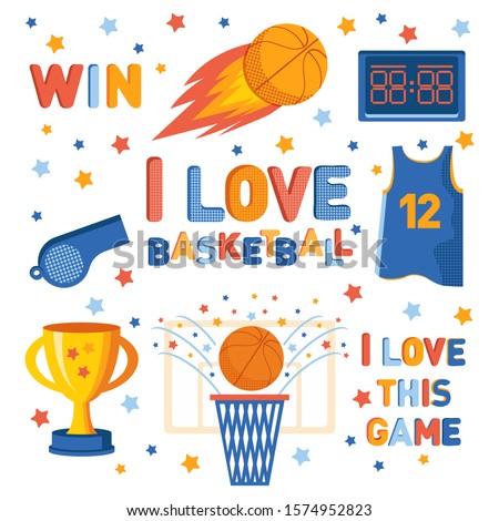 Set of sports icons in flat vector. Sports basketball symbols and accessories isolated on white background. Athletic court champion concept basketball equipment. Collection of cartoon professions.