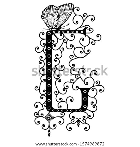 Black hand written monogram capital letter G decorated with butterflies, vector clip art on white isolated background