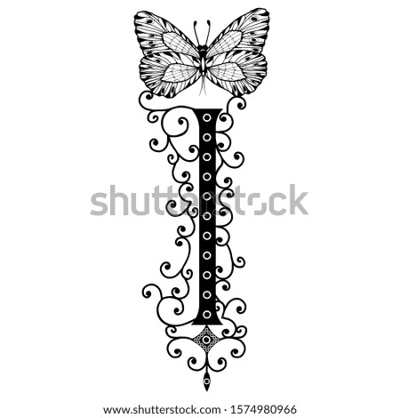 Black hand written monogram capital letter I decorated with butterflies, vector clip art on white isolated background