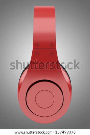 side view of red and black wireless headphones isolated on gray background