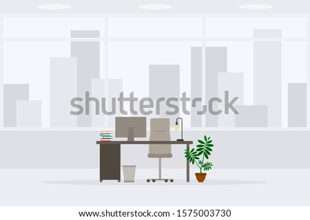 Design of modern empty office working place front view vector illustration. Table, desk, chair, computer, desktop, books, plant, lamp, trash bin isolated on cityscape Royalty-Free Stock Photo #1575003730