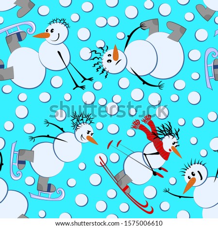 Snowmen and winter fun - ice skates, skis and snowballs, it is snowing