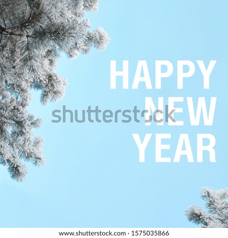 Happy New Year words winter square aspect ratio orientation on pastel sky blue colors. Snow covered frozen pine tree