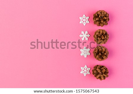Top view of holiday composition made of pine cones and white snowflakes on colorful background. Winter time and Christmas concept with copy space.