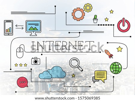Internet connection linear sketch on background of modern downtown. Strategy planning and analysis. Mind map of internet network engineering and development. Marketing and presentation template.