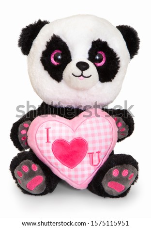 Panda holding heart with writting "I love you". Stuffed toy isolated on white background with natural shadow. Panda plushie on white bg.