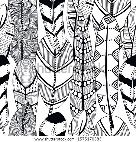 Decorative, ornate bird feathers. Black and white outline illustration for coloring book and page. Seamless pattern.